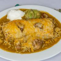 Chile Verde Burrito · Served with rice, beans and cheese and a side of sour cream and guacamole.