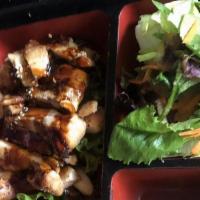 Chicken Teriyaki Dinner · Grilled chicken served with teriyaki sauce, rice , soup and  salad.