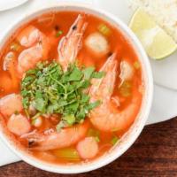 Seafood Soup · Fresh-chopped green onions, mushrooms, carrots and cilantro in a tasty broth and a seafood m...
