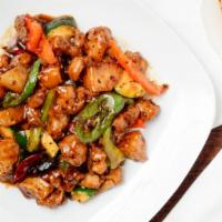 Spicy Chicken Dinner · Serves two. Chicken with green pepper, onions, carrots, bamboo shoots and celery cooked in a...