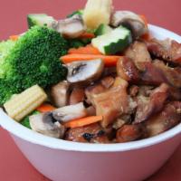 Teriyaki Chicken Bowl · Serves two. Chicken garnished with broccoli, carrots, snow peas, baby corn, water chestnuts ...