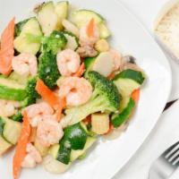 Shrimp With Vegetables Dinner · Serves two. Delicious shrimp sauteed with zucchini, broccoli, carrots, mushrooms, snow peas ...