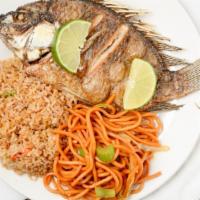 Fish Combo · Includes chow mein, fried rice and mojarra.