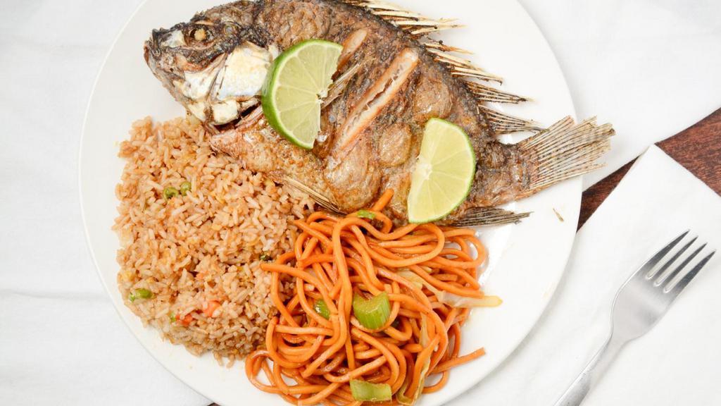 Fish Combo · Includes chow mein, fried rice and mojarra.
