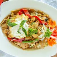 Drunken Noodles (Pad Kee- Mao) · Pan fried wide rice noodles with egg, bean sprouts, cabbage, bell pepper, onion and thai bas...