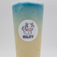 Milky Way · Jasmine Milk Tea with Boba & Butterfly Pea Tea.