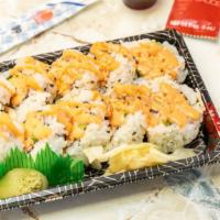 Spicy California Roll · 10pieces cooked, spicy 
Imitation crab, avocado, cucumber, sesame, seaweed, spicy Mayo