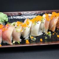Rainbow Roll · In: crab, avocado, cucumber.
Out: six mix fish, green onion, masago.