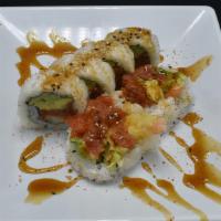 Ebi Fire · In: spicy tuna, cucumber, avocado, shrimp tempura. 
Out: unagi sauce.