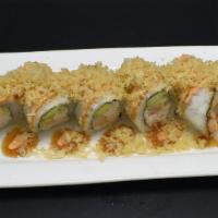 Shrimp Tempura Crunch Roll · In: crab, shrimp tempura, avocado, cucumber.
Out: crunch, house sauce.