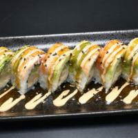 Tiger Roll · In: crab, shrimp tempura, avocado, cucumber.
Out: ebi, avocado, house sauce.