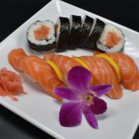 Salmon Lover · 4 pieces salmon nigiri, salmon roll served with miso soup.