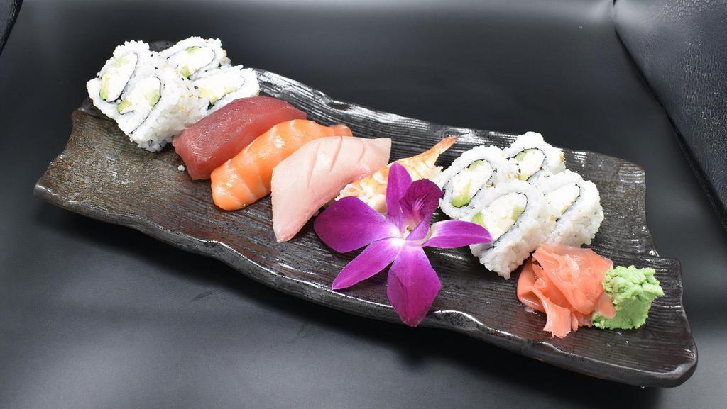 Sushi Combo · California roll, salmon nigiri, tuna nigiri, hamachi nigiri, ebi nigiri served with miso soup.