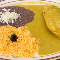 Mole Verde · Pork or chicken breast, bathed in our special green mole. Served with rice, black beans and ...