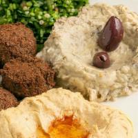 Mediterranean Platter · Organic falafel balls, tabouli, organic hummus and baba-ga-nosh