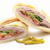Garlic Mortadella Sandwich · Made on a 10-inch French baguette with garlic mortadella, provolone cheese, mayonnaise, lett...