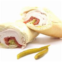 Turkey Sandwich · Made on a 10-inch French baguette with turkey, provolone cheese, mayonnaise, lettuce, tomato...