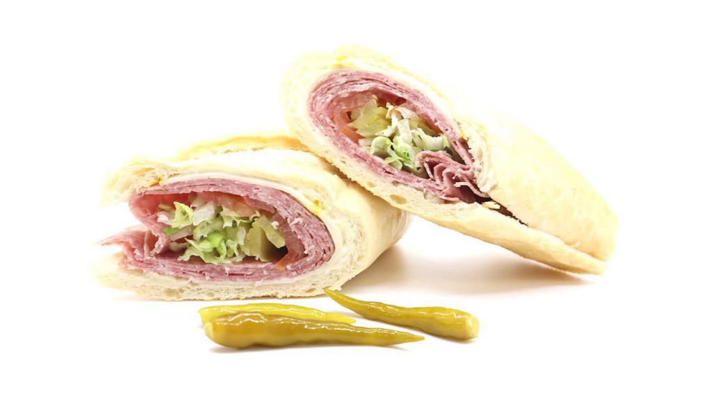 Salami Sandwich · Made on a 10-inch French baguette with dry salami, provolone cheese, mayonnaise, lettuce, tomatoes, pickles and mustard.