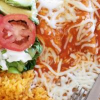Enchiladas · 3 Enchiladas with your choice of meat or cheese. With a side of beans, rice, and a small sal...