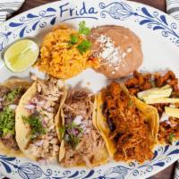 Taco Tasting · Your choice of five soft tacos: beef, chicken, pork, carnitas, pastor, chicken mole or cochi...