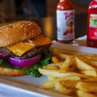 El Patron Certified Angus Burger · Cheeseburger served on a toasted bun with your choice of French fries or breaded onion rings.