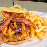 Western Burger · Bacon, cheddar, BBQ sauce and onion tanglers.