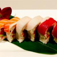 Ex-Girlfriend Roll · in: spicy tuna , crab, avocado in soy paper
top: tuna, salmon, yellowtail, soy mustard sauce