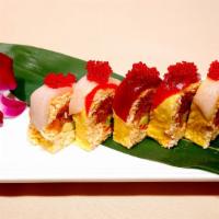 Ex-Boyfriend Roll · in: spicy tuna, spicy crab, and avocado in soy paper
top: tuna, yellowtail, tobiko, soy must...