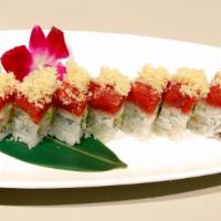 Crunchy Spicy Tuna Roll · in: shrimp tempura, crab, avocado
out: spicy tuna, crunchy flakes, eel sauce