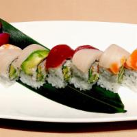 Rainbow Roll · in: crab, avocado, cucumber
out: tuna, salmon, yellowtail, albacore, shrimp, avocado