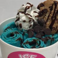 Cookie Monster · Vanilla Base, Mixings: Oreo & Chocolate Chip Cookie. Toppings: Whipped Cream, Chocolate Chip...