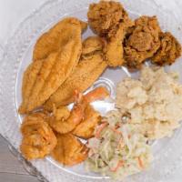 Fish, Shrimp & Oysters Combo · Southern Seafood Combo Includes 4 pieces of Fish,   5 Jumbo Shrimps, 3  Oysters, 2 Side Orde...
