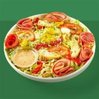 The Italian Salad · Sliced capicola, ham & genoa salami, shredded iceberg lettuce, Parmesan cheese, roasted red ...