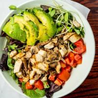 San O Salad · Your choice of chicken, veggie turkey, tofu or vegan beef with grilled mushrooms, sprouts, t...