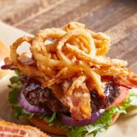 Bbq Bacon Burger · Guinness® BBQ sauce, cheddar cheese, applewood bacon, onion tanglers, lettuce & tomato.