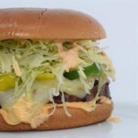 The Aztec Fire Vegetarian Burger · Soy chorizo, fresh jalapeño slices, pepperoncini, pepper jack cheese, shredded lettuce and h...