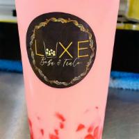Pink Panther · Strawberry Milk Tea (non-dairy) Topped with Strawberry Heart Jelly.