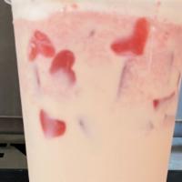 Pinky Pom (Strawberry-Rose Milktea) · Refreshing Strawberry-Rose Milk Tea (non-dairy) topped with strawberry heart jelly