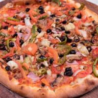 Paisanos Special · Pepperoni, olives, sausage, onions, bell peppers, Canadian bacon, fresh tomatoes, mushrooms ...
