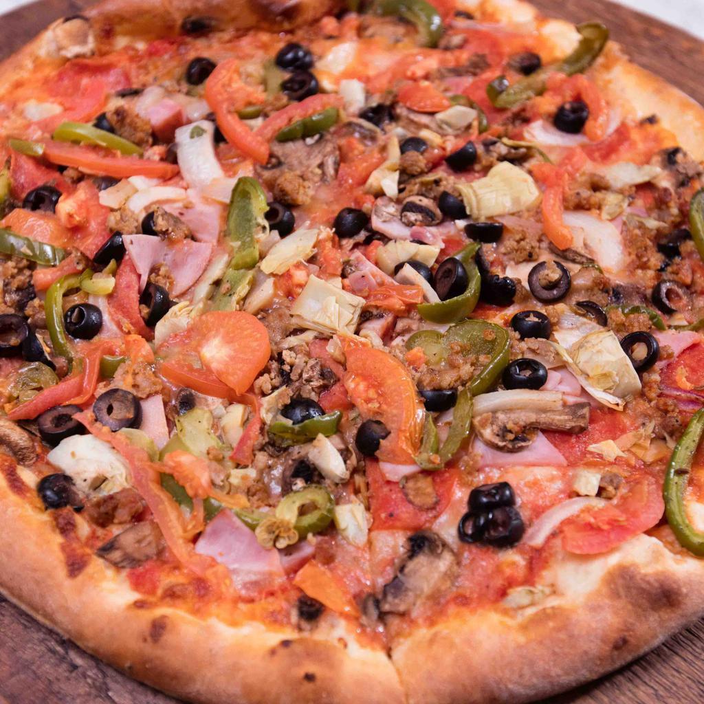 Paisanos Special · Pepperoni, olives, sausage, onions, bell peppers, Canadian bacon, fresh tomatoes, mushrooms and artichoke hearts.