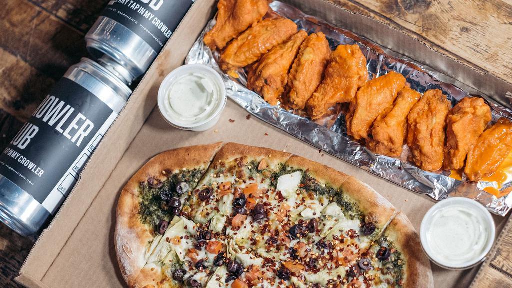 Big Box Combo · 1 Pizza, 10 Wings and 2 Crowlers