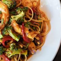 Spicy Stir Fried Noodles · Shrimp, chicken, shitake mushrooms, broccoli, peppers, garlic, ginger, shallots.