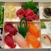 Sushi Box · (tuna 2 pcs, salmon 2 pcs, yellowtail 2 pcs, tuna sashimi, one chef's choice cut roll).