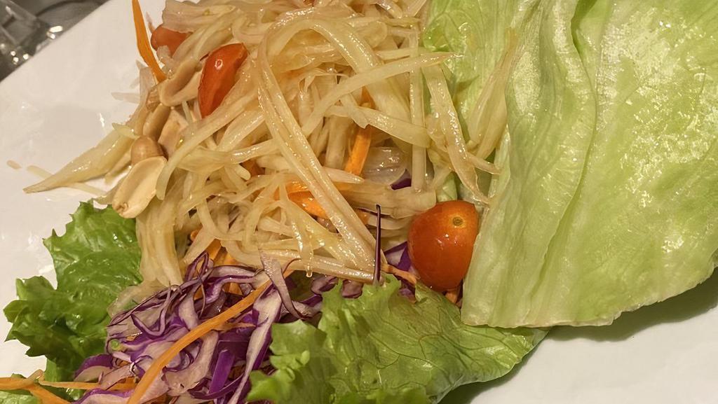 Som Tom Salad · Shredded green papaya and carrot with Thai pepper, peanuts, lime juice and tomatoes. Thai spicy salad.