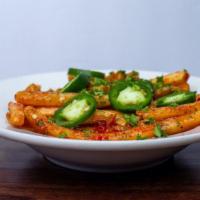 Blazing Fries · Tossed with sweet chili sauce, jalapeños, sriracha, and fresh cilantro.