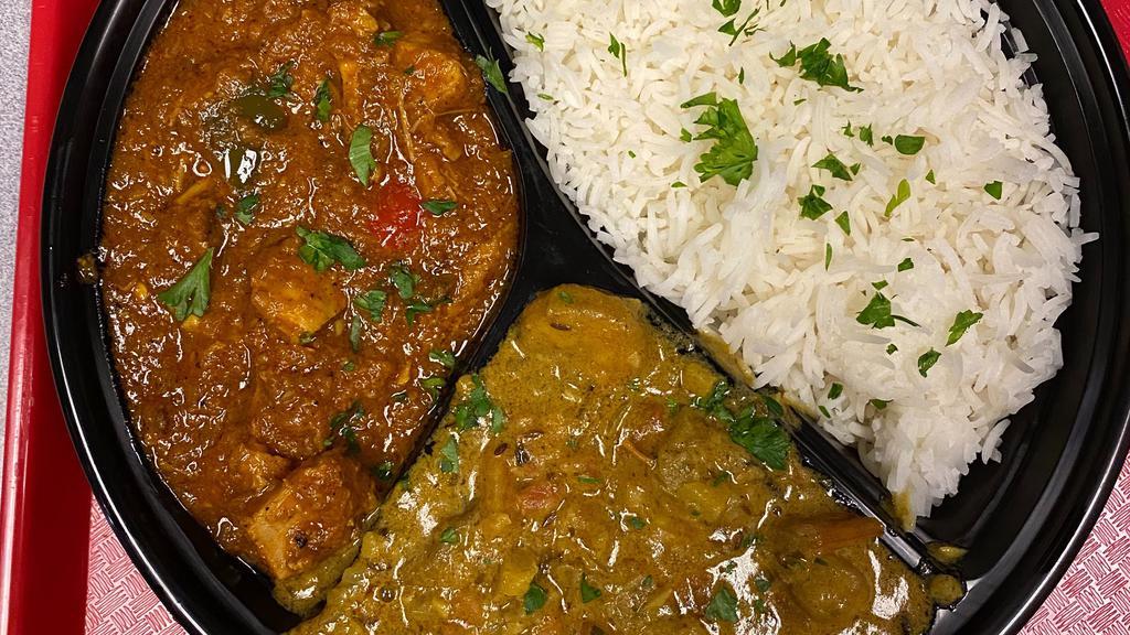 2 Entrée Bowl · Choose from: chicken tikka masala, chana masala, butter chicken, paneer tikka masala or lamb curry for an additional charge.