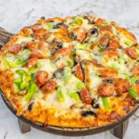 Ivy Pizza · Mortadella, sausage, mushrooms, bell peppers and mozzarella cheese.