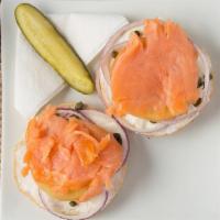 Foxy Loxy · superior norwegian smoked salmon, whipped cream cheese, capers, tomato, red onions, house ba...