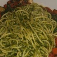 Pesto Primavera · Spaghetti, grilled peas, mushrooms, carrots, zucchini, tomatoes, spinach, pine nuts, garlic,...
