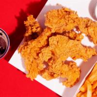 The Grant · 8 crispy fried chicken tenders Dipped in Sauce with a choice of side and a drink!